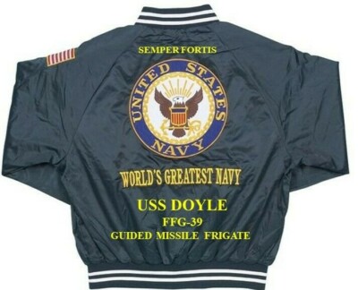 USS DOYLE FFG-39 MISSILE FRIGATE  EMBROIDERED SATIN JACKET(BACK ONLY)