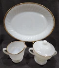 Vtg Anchor Hocking Fire King Milk Glass Swirl Gold Trim Creamer Sugar Platter