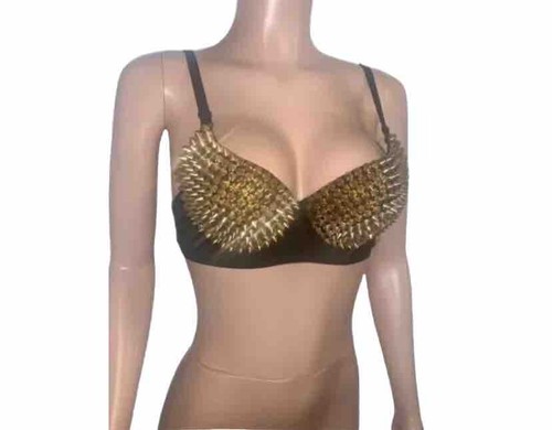 Y2K Black W Gold Spikes Molded Bra Top 38 bd costume party rave festival dancer - 第 1/3 張圖片