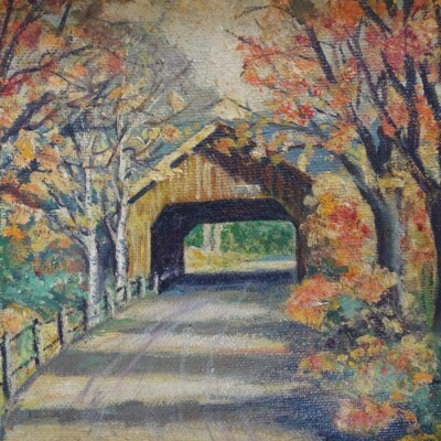Old Autumn Landscape Country Oil Painting Covered Bridge Fall Foliage 19x15