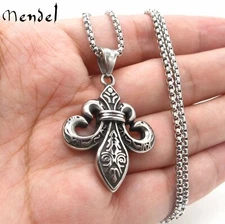 MENDEL Mens Fashion Stainless Steel Fleur De Lis Pendant Necklace Jewelry Chain