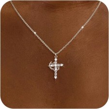Crown Cross Necklace for Women-Dainty Sterling Silver/14K Gold Cubic Zirconia Pe