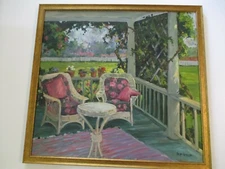 STEVENS LARGE 30 INCH OIL PAINTING COTTAGE AMERICAN PATIO LANDSCAPE GARDEN MOD