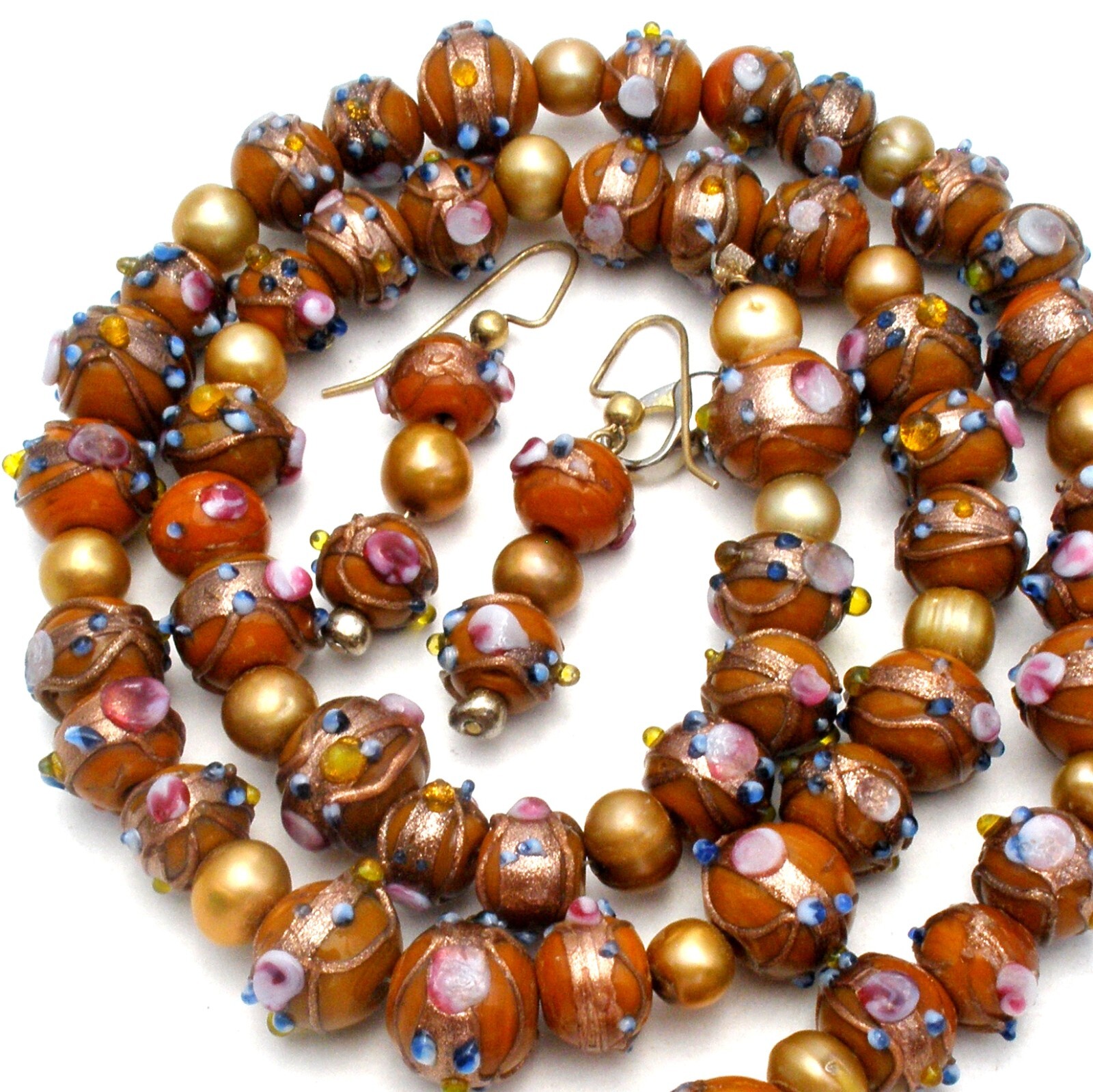 Collier Perles De Murano Ancien - Verre Vénitien Style Wedding Cake - Occasion D'Italie