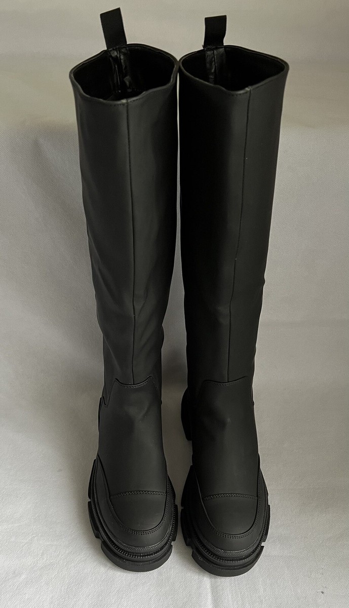 New Women’s Size Missguided Black Faux Leather Flat Chunky Thigh High  Boots - Main Image