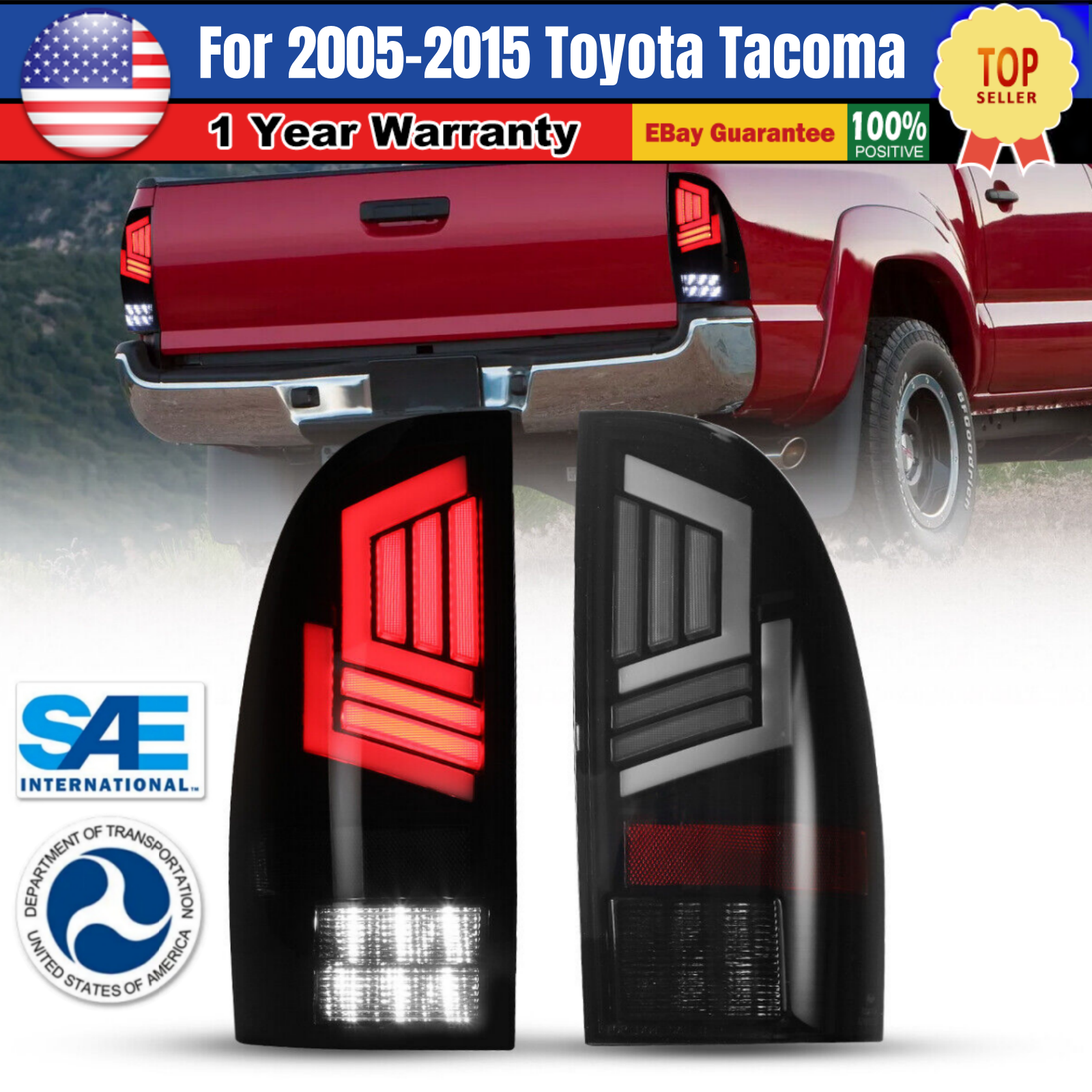 2005-2015 Toyota Tacoma Black Smoked LED Tail Lights with Turn Signals