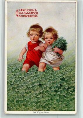 12109840 - the way to happiness - children on a clover meadow postcard Fialkowska, W.