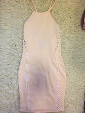 Missy Empire Pink Nude Crochet Hole Bodycon Cross Back Mini Dress