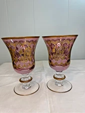 Set of 2 Interglass Italian Crystal Pink & 24 Kt Gold Rose Stemmed Goblets Vtg