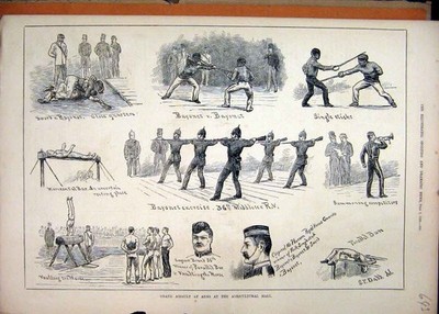 Alter antiker Druck Großer Sturm Wappen Landwirtschaftssaal 1880 Bajonett Pferd 19.