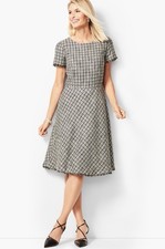 Talbots Women’s Black & White Tweed Fit & Flare Dress Short Sleeve Fringe Size 2