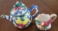  Fitz & Floyd Classic Handcrafted China Florentine Blue Fruit Tea Pot & Creamer