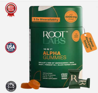 #ad Root Labs 10 1 Alpha Gummies 4000 mg Pure Shilajit with KSM 66 60 Gummies $16.49