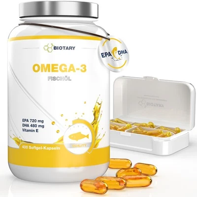 BIOTARY Omega-3 Fischöl 400 Kapseln | 4000 mg Tagesdosis| Pillenbox | 720mg EPA + 480mg
