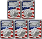 Lot 5 Coins 2024 Silver Eagle $1 MS 70 NGC American Flag Core, Eagle Label
