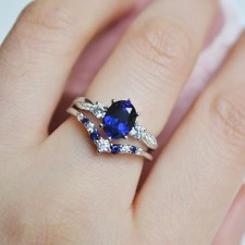 2 CT Oval Blue Sapphire  Lab Created Diamond Wedding 14K White Gold FN Ring Set