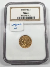 1911-D STRONG D VARIETY $2 1/2 INDIAN HEAD GOLD QUARTER EAGLE NGC MS62 05XXDH25