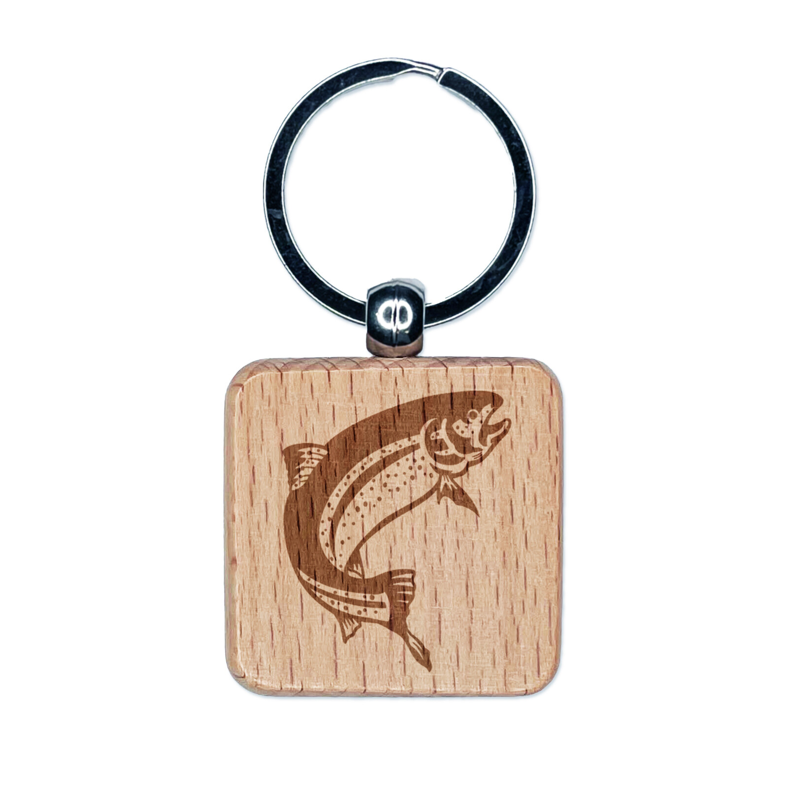Rainbow Trout Jumping Fish Engraved Wooden Keychain Tag Charm  