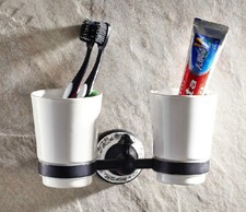 Black Finish Brass Bathroom Toothbrush Holder Ceramic Cups 2ba291