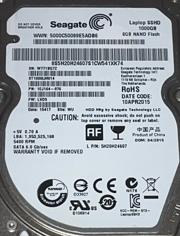 1 TB Seagate ST1000LM014 SSHD 5400 RPM 64MB SATA III 6.0 Gbps 2,5“ Festplatte - Bild 2 von 3