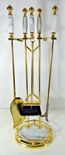 Vintage Elegant Brass and White Marble Stone Fireplace Tool Set 4 Piece + Stand