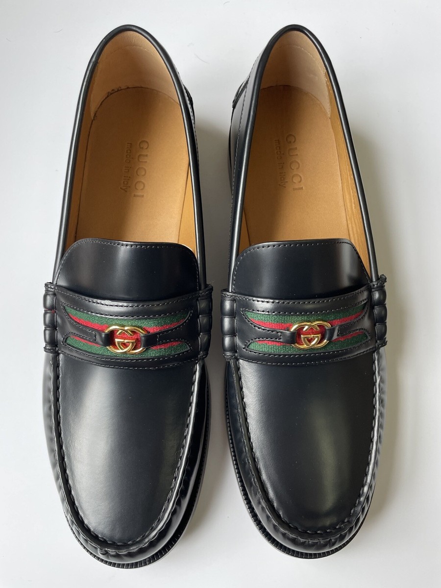 GUCCI Black Leather GG Web Stripe Plaque Logo Loafers Sz
