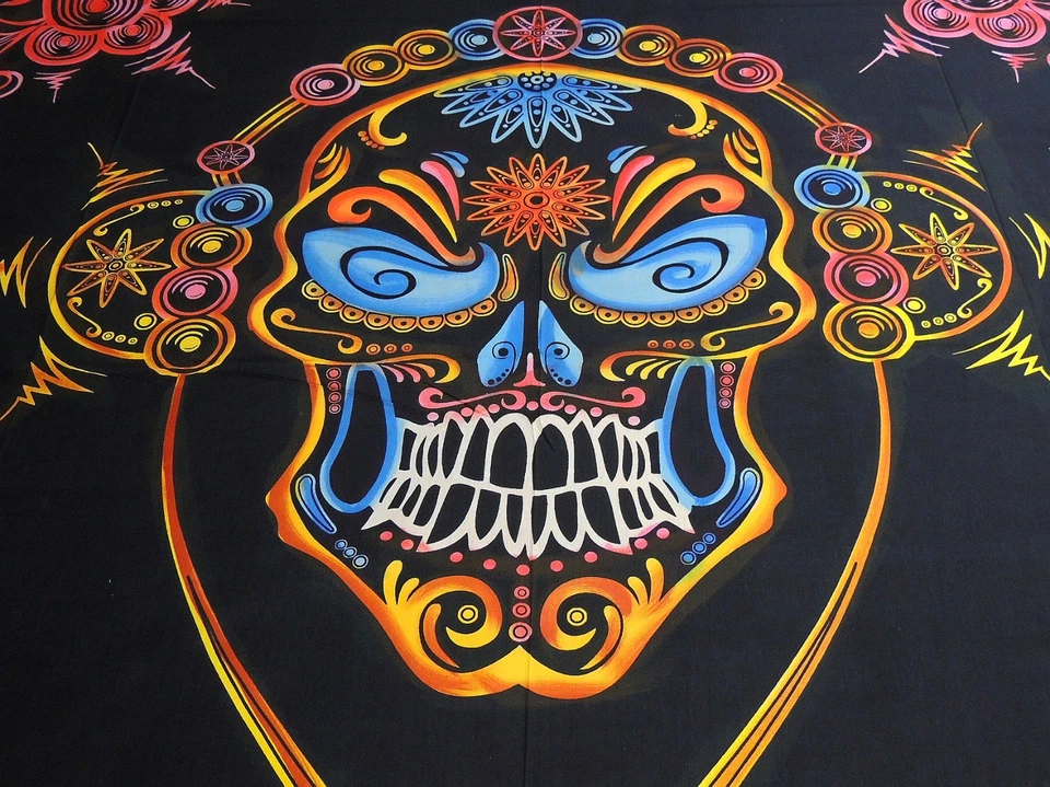 Ropa de cama completa tapiz de pared de algodón con calavera tribal negra con tema de Halloween Foto 2 de 3