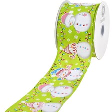 Christmas Lights Snowmen Satin Wired Ribbon, 2-1/2-inch, 10-yard, Lime