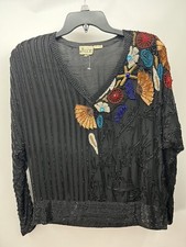 70  80  s Stunning JAZ Sequin Beaded 100 Silk Retro Disco Blouse Top L Batwing