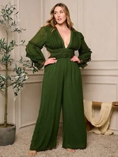 Womens Plus Size Forest Green Jumpsuit 2X Lace Accent Swiss Dot Lined