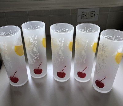 5 Vintage Frosted Federal Highball Barware Tall Glasses Ice Cherries Lemons Ebay