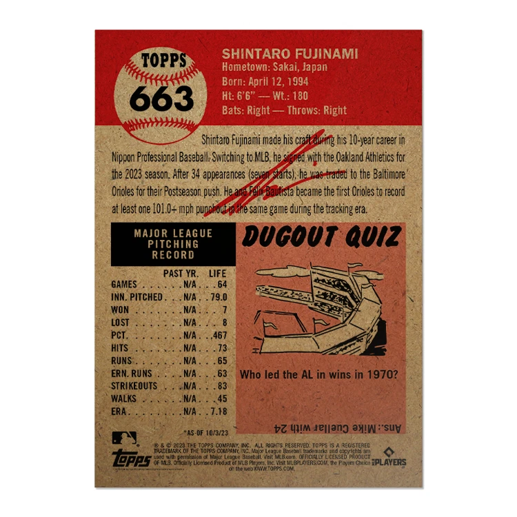 2023 Topps Living Set Card 663 Shintaro Fujinami (Rookie)- Free Shipping Always! - Image 2 of 2