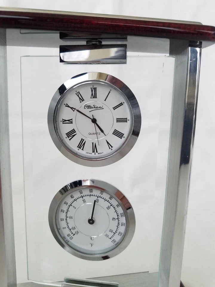 Orologio e Termometro Girevole da Scrivania Italiano Ottaviani Cristallo e Legno - Immagine 2 di 4