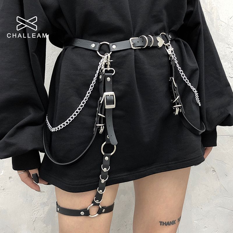 Punk Black Skirt Belt-Heart Metal Chain Women Fashion Faux Leather