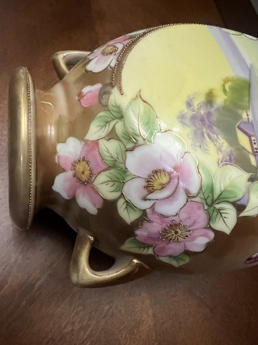 Antique NIPPON Hand Painted Porcelain 7” Two Handled Vase Flowers W/Gold Accents - Picture 11 of 15