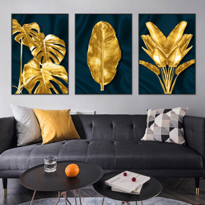 Abstract Gold Plant Leaf Poster Print Wall Art Nordic Canvas Painting ...
