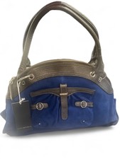 Via Spiga Brown Trim Blue Suede Leather Handbag Purse Buckled Nwt