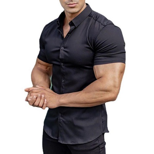 Mens Button Down Short Sleeve Solid Shirts Casual Muscle Slim Fit Tops Tee Shirt - Picture 10 of 19