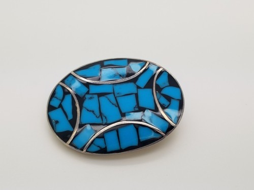VINTAGE STERLING SILVER BLUE TURQUOISE & BLACK ONYX BROOCH PIN SIGNED MEXICO CII - Picture 12 of 16