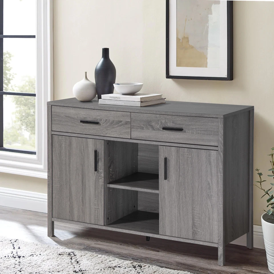 FC Design 47"W Distressed Grey Sideboard Storage Cabinet Buffet Table with Shelf - Image 2 of 4