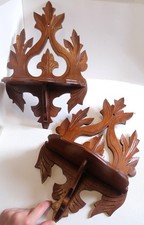 Pair 2 Folk Art Wooden Shelves Carved Wood Leaf Shapes 8x4" Trinket Hinged Shelf