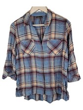 Street One Damen Karohemd Bluse Gr. 38 Blau Kariert Viskose 3/4-Arm