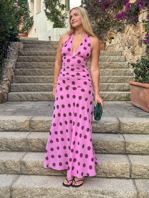 【新品未使用】ルイスドッグStrawberry Dress/SMサイズ Zara Long Maxi Polka Dot Halter Neck Dress Pink Red XS S M L XL