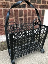 Vintage MCM Black Atomic Geometric Mesh Wrought Iron Magazine Storage Rack