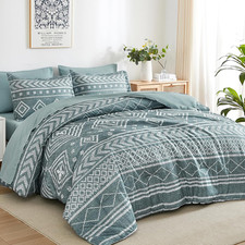 Boho Aztec Comforter Set Queen Size, Grayish Blue Comforter Bedding Set, 7 Piece
