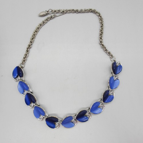 Vtg Blue Lucite Thermoset Heart Necklace Bracelet Earrings Set Silver Tone 50s - Picture 7 of 10
