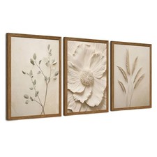 3 Piece Framed Neutral Floral Canvas Wall Art, Modern Simple 16"L x 12"W Beige