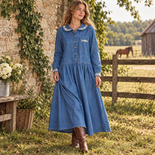 Denim Floral Embroidered Midi Dress Sz L Prairie Cottage Modest Teacher Vintage