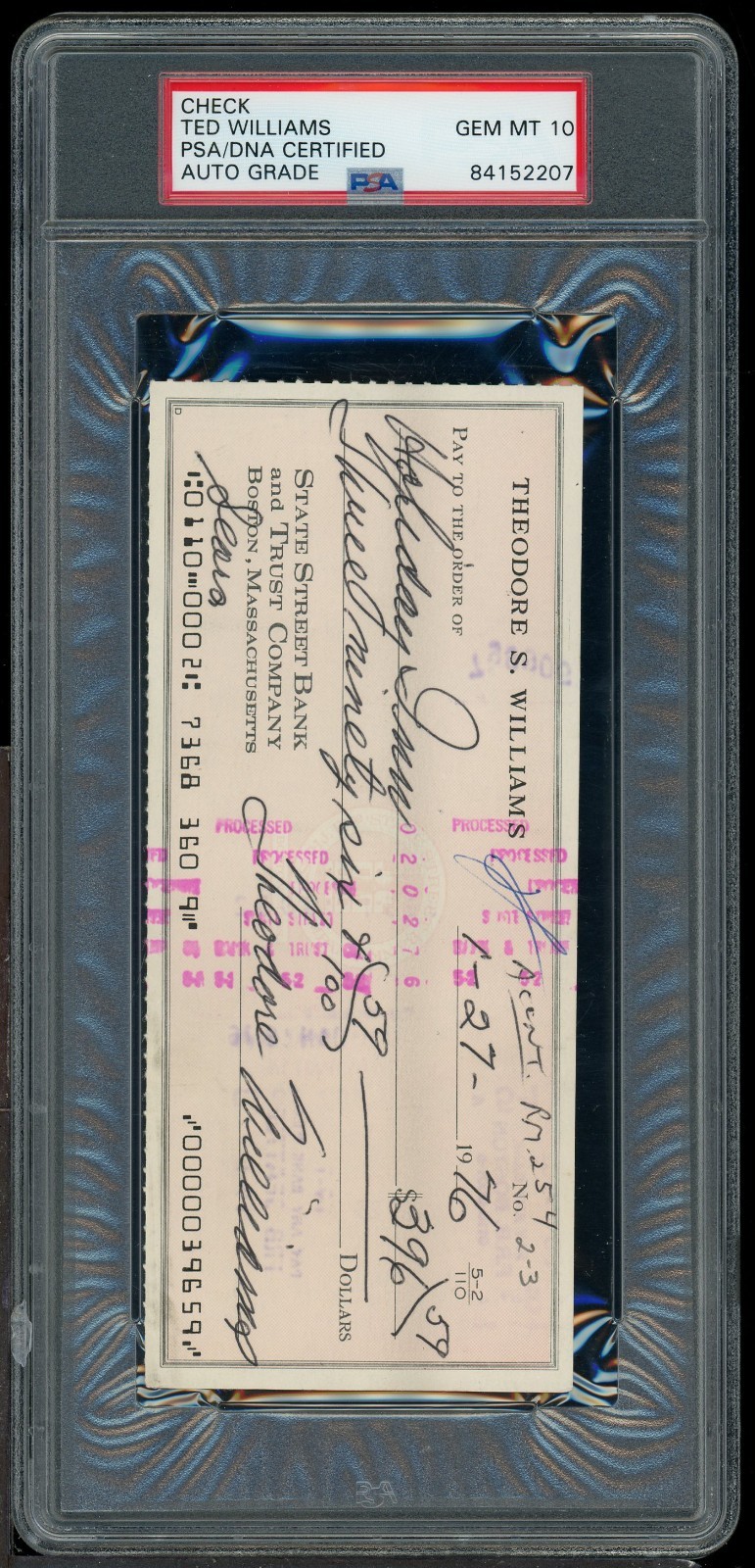Ted Williams HOF Red Sox Signed 1976 Personal Bank Check PSA/DNA 10 AUTO