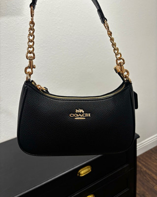 Coach Black Leather Teri Pebbled Shoulder Bag Gold Hardware Chain Strap